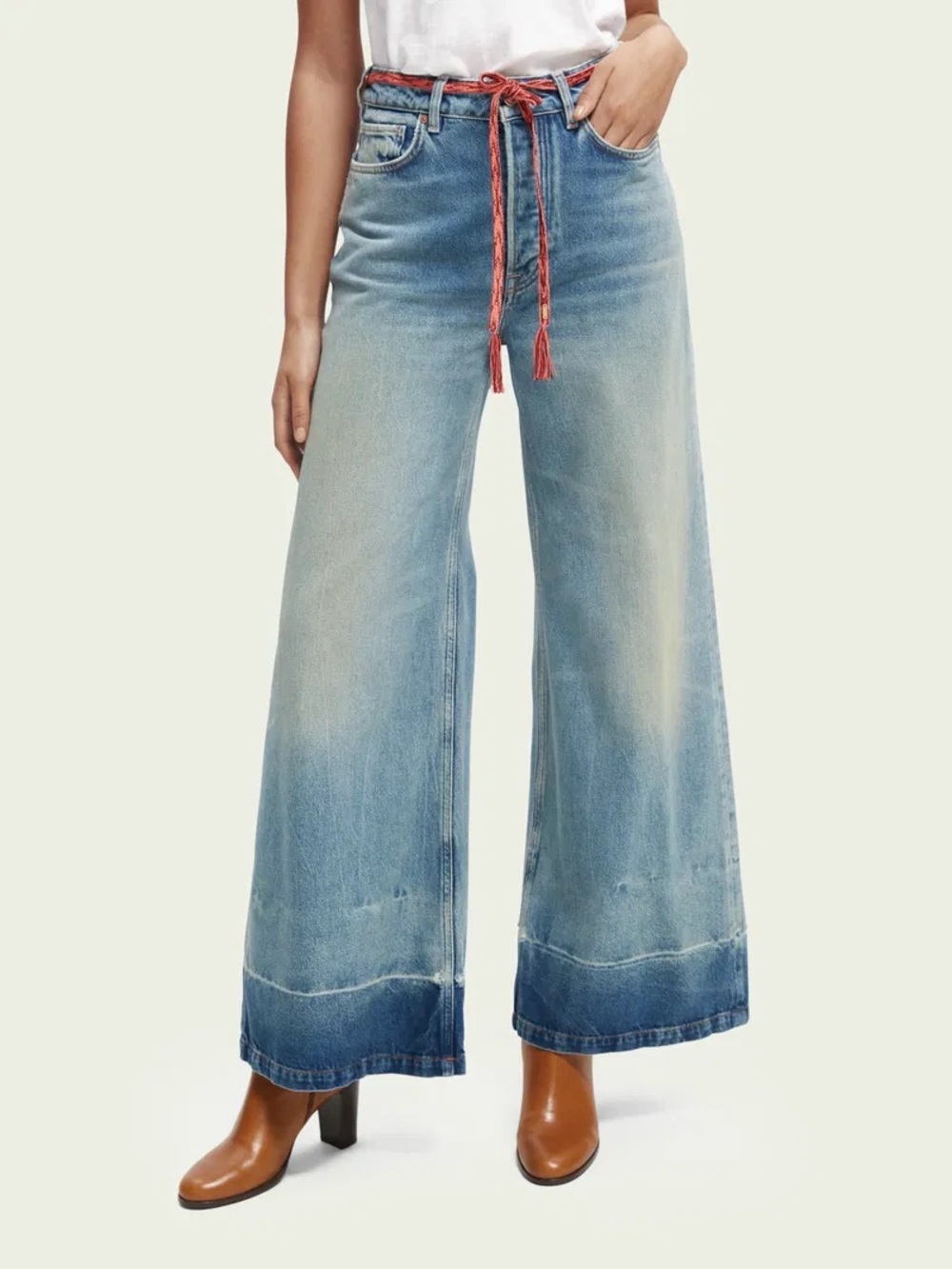 Scotch & Soda Light Blue Wide-Leg Flare Jeans with Red Braided Belt